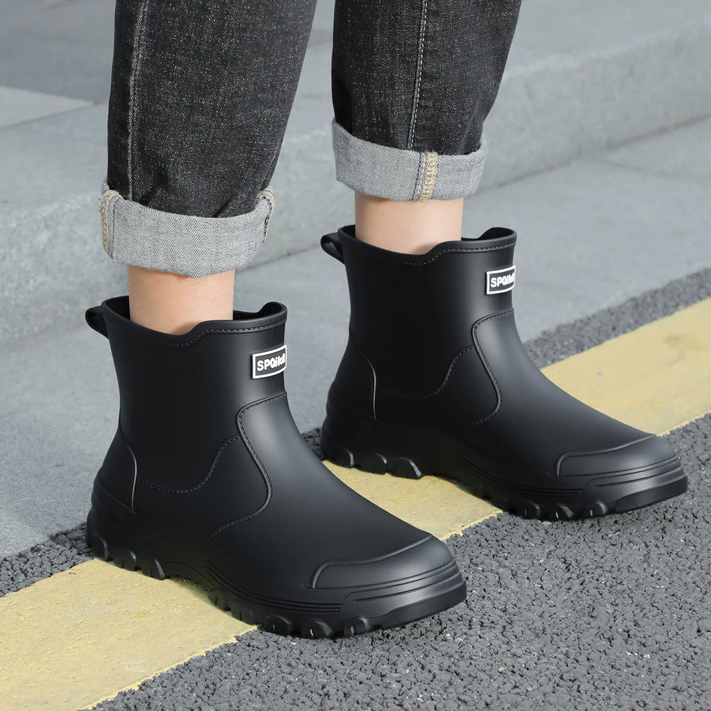 New anti slip and waterproof rain shoes for men, fashionable short tube autumn and winter cotton rain boots, work boots, rubber